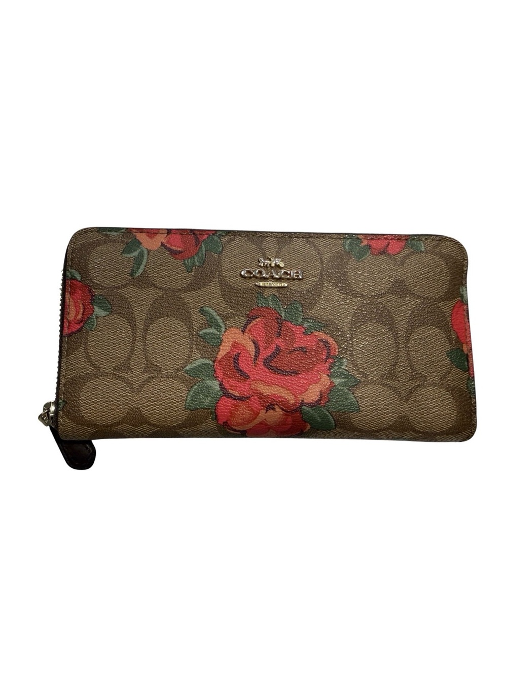 Coach Signature Floral Zip-Around Wallet in Brown with Red Roses